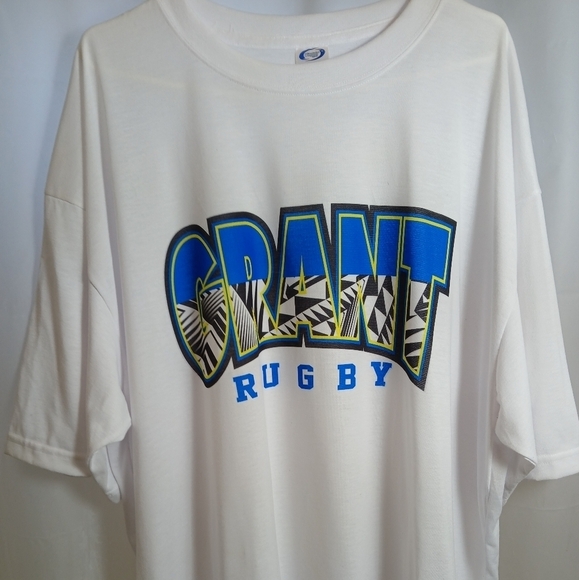 (#349) Men's Vapor Apparel White With Blue Lettering Grant Rugby Size 4XL - Picture 1 of 16